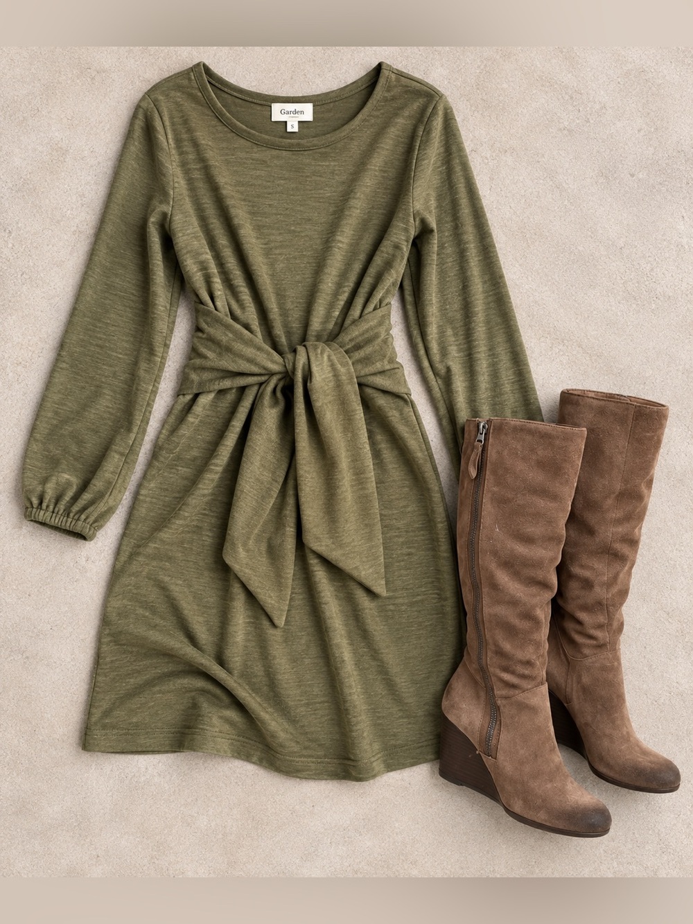 PRETTYGARDEN Boho Olive Green Tie Waist Knit Dress Size Small